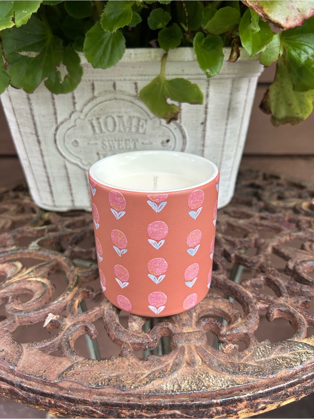 Anthropologie Coral Ceramic Votive with Pink Floral Motif